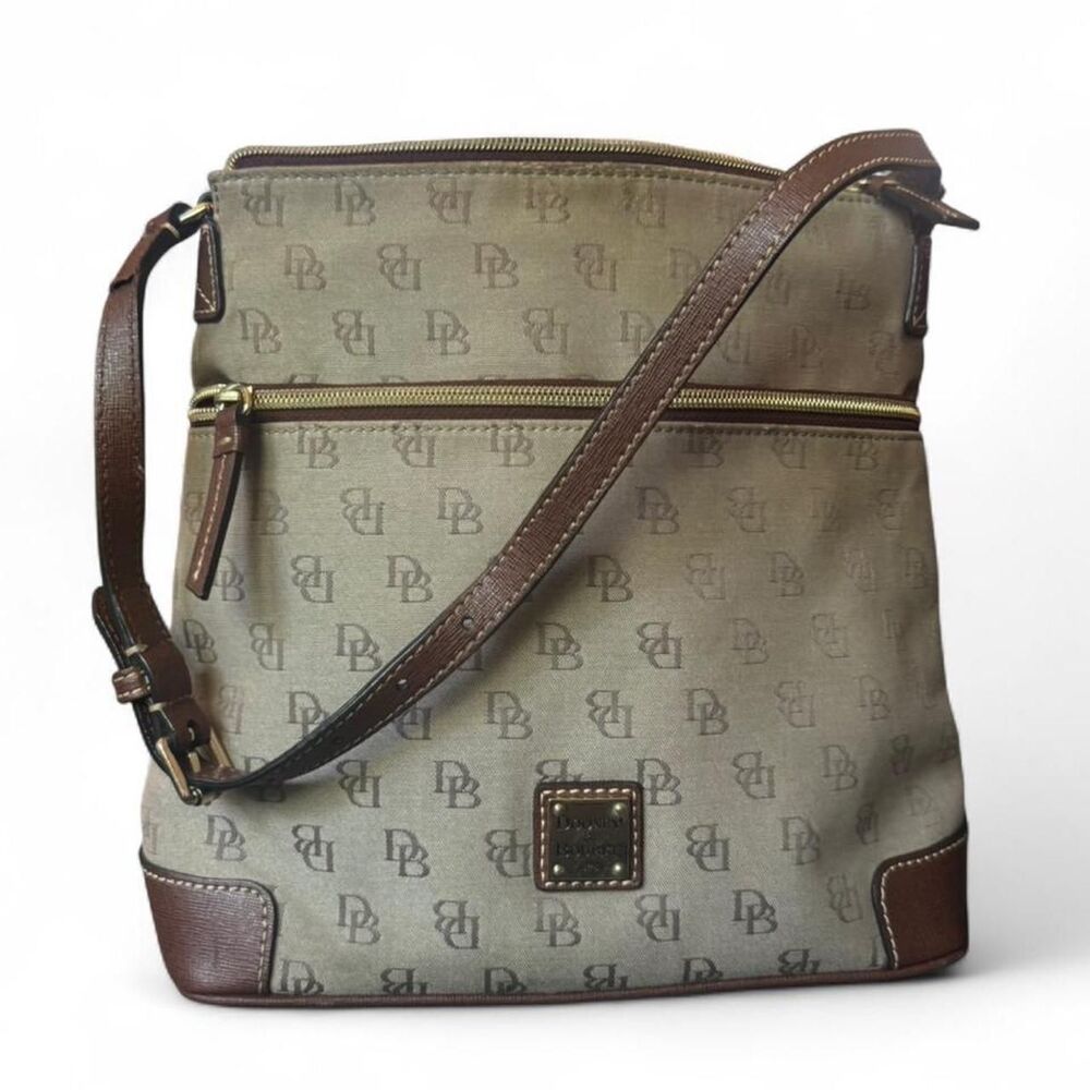 Dooney & Bourke DB Monogram Canvas Crossbody Shoulder Bag Brown Leather Trim